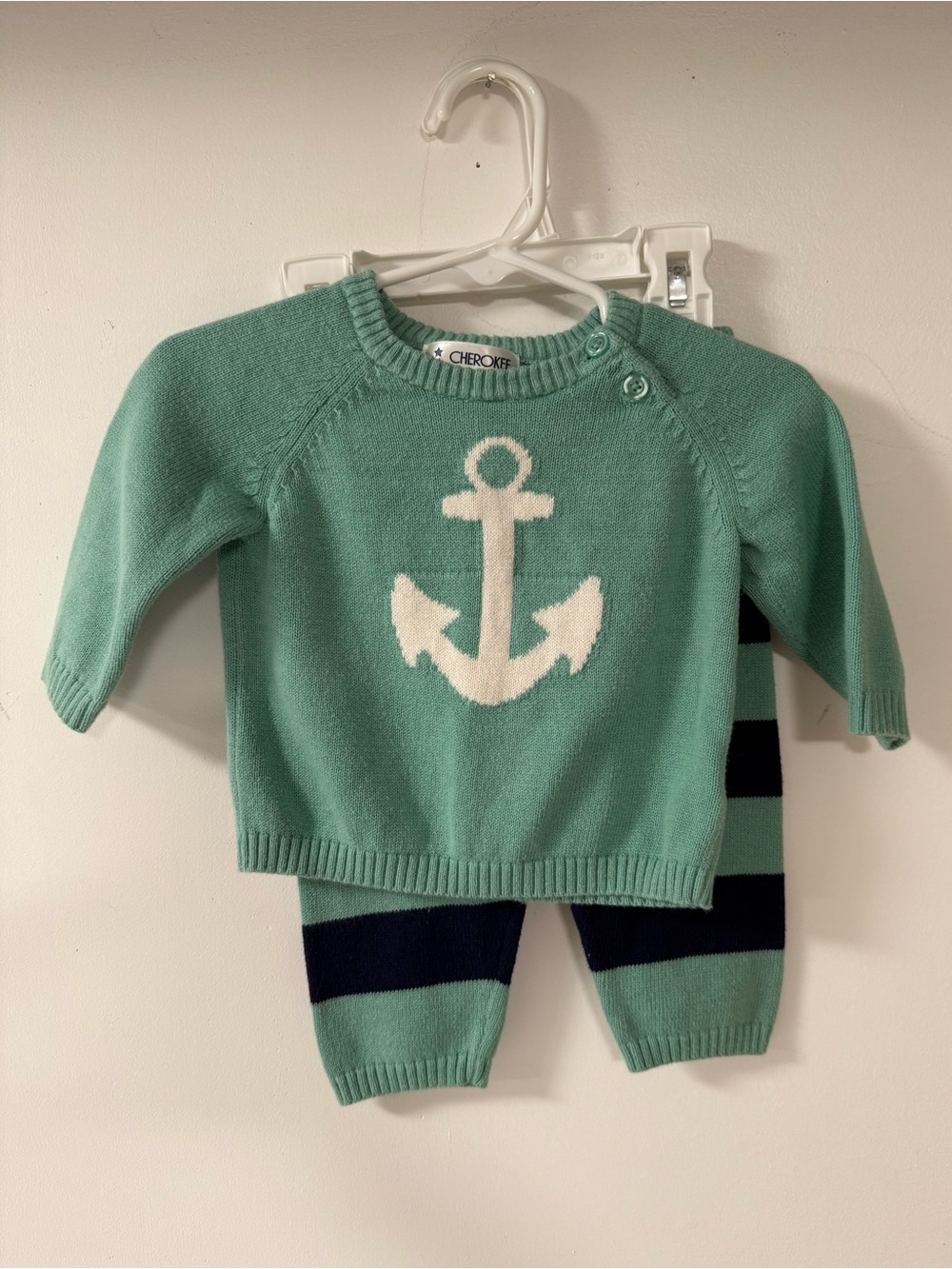 Mint Green Sweater Set with White Anchor and Navy Stripes